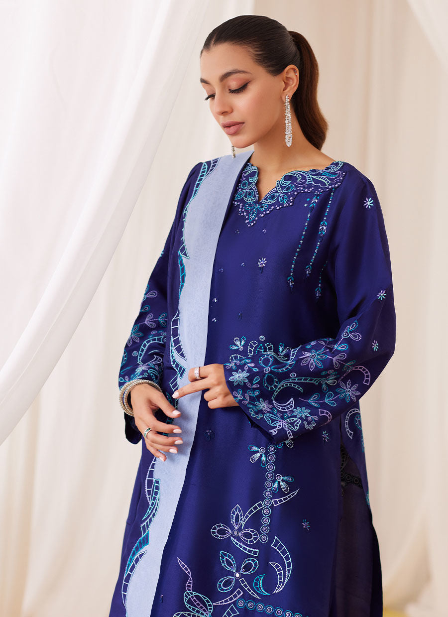 Nada Ink Blue Embroidered Shirt, Dupatta And Pants Farah Talib Aziz