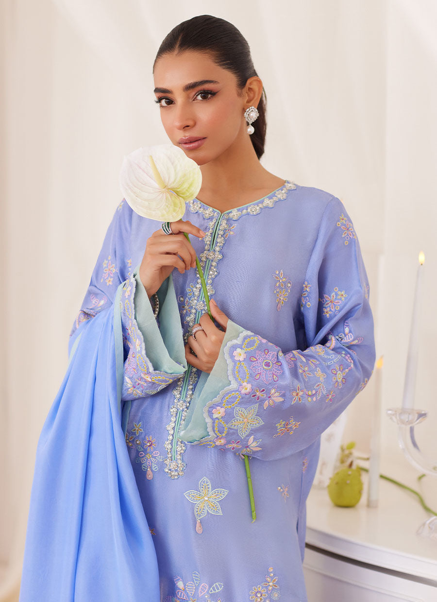 Leesha Periwinkle Blue Raw Silk Shirt, Dupatta and Pants Farah Talib Aziz