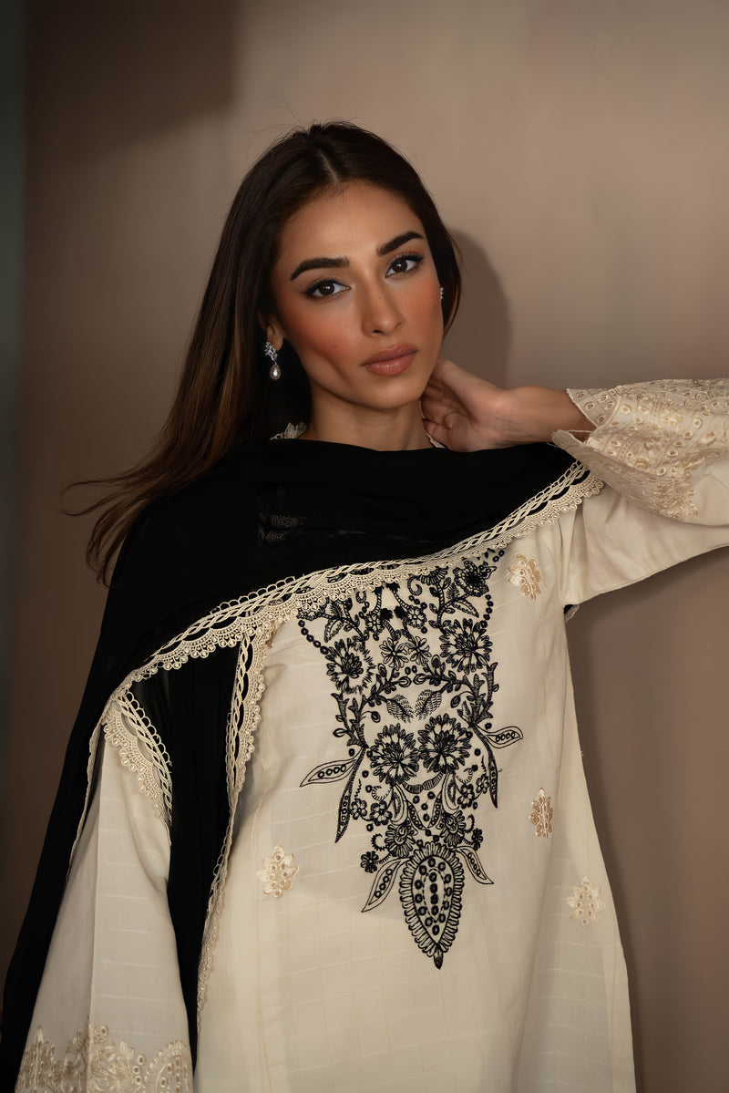 IVORY & BLACK EMBROIDERED SET (NPA3-24423) Zaib