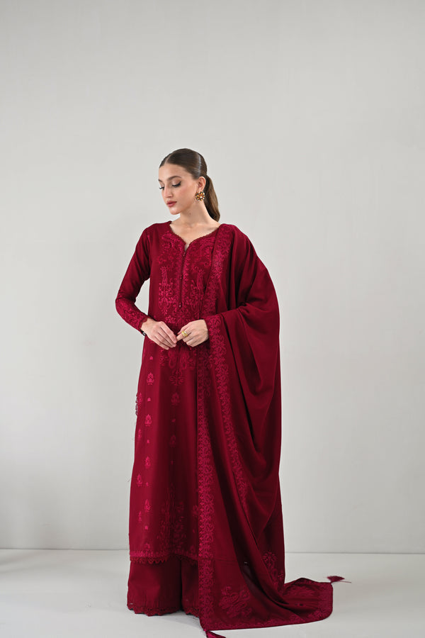 RICH MAROON LUXURY EMBROIDERED KARANDI SET (NEL-24629) Zaib