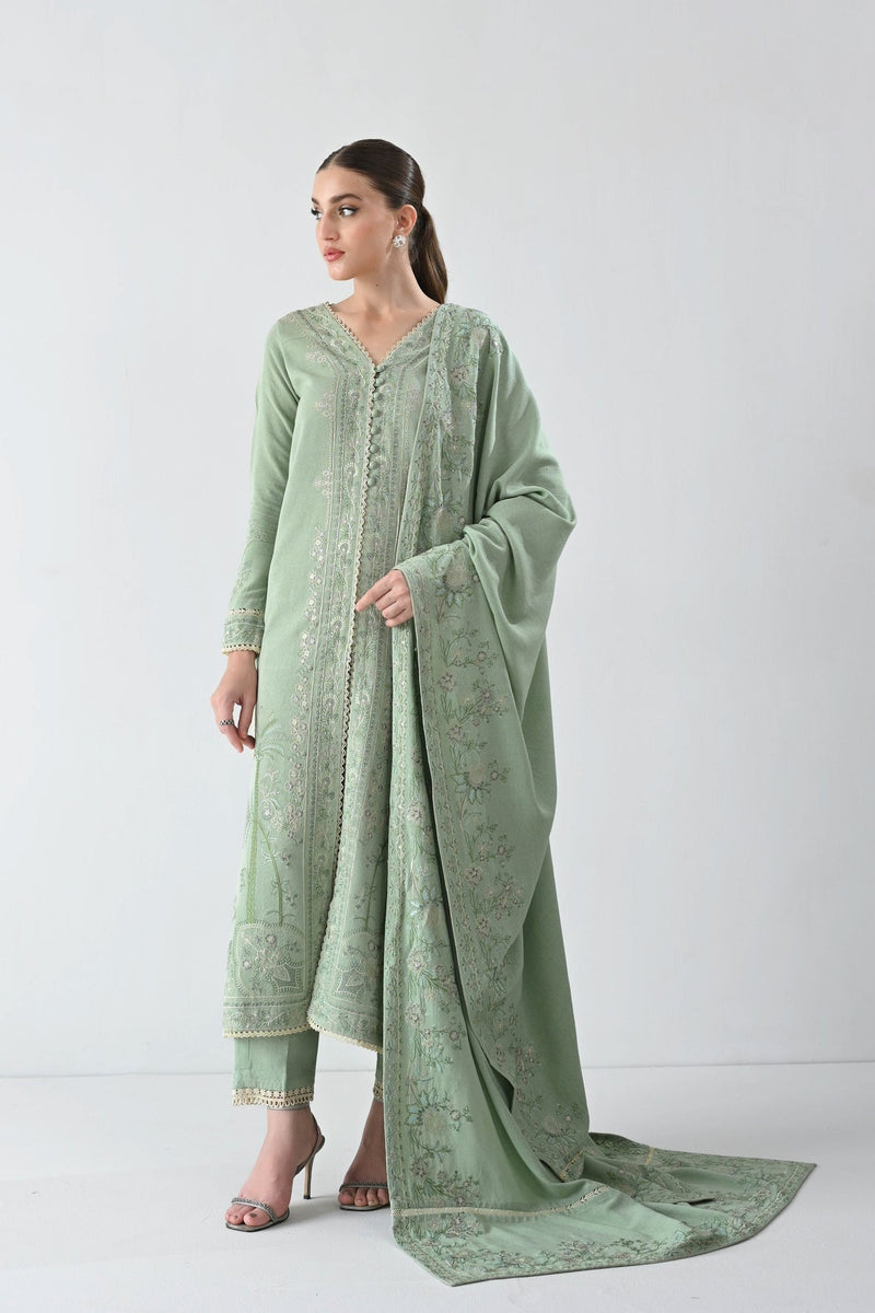 GLACIAL PASTEL GREEN LUXURY EMBROIDERED KARANDI SET (NEL-24627) Zaib