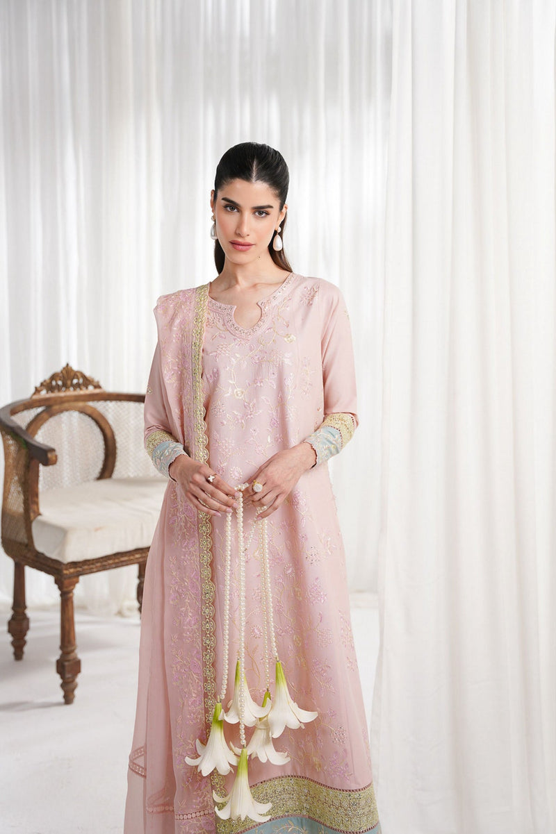 PASTEL PINK LUXURY EMBROIDERED 3PCS KALIDAR SET NPA3-25413 (EID 2025 READY TO WEAR)