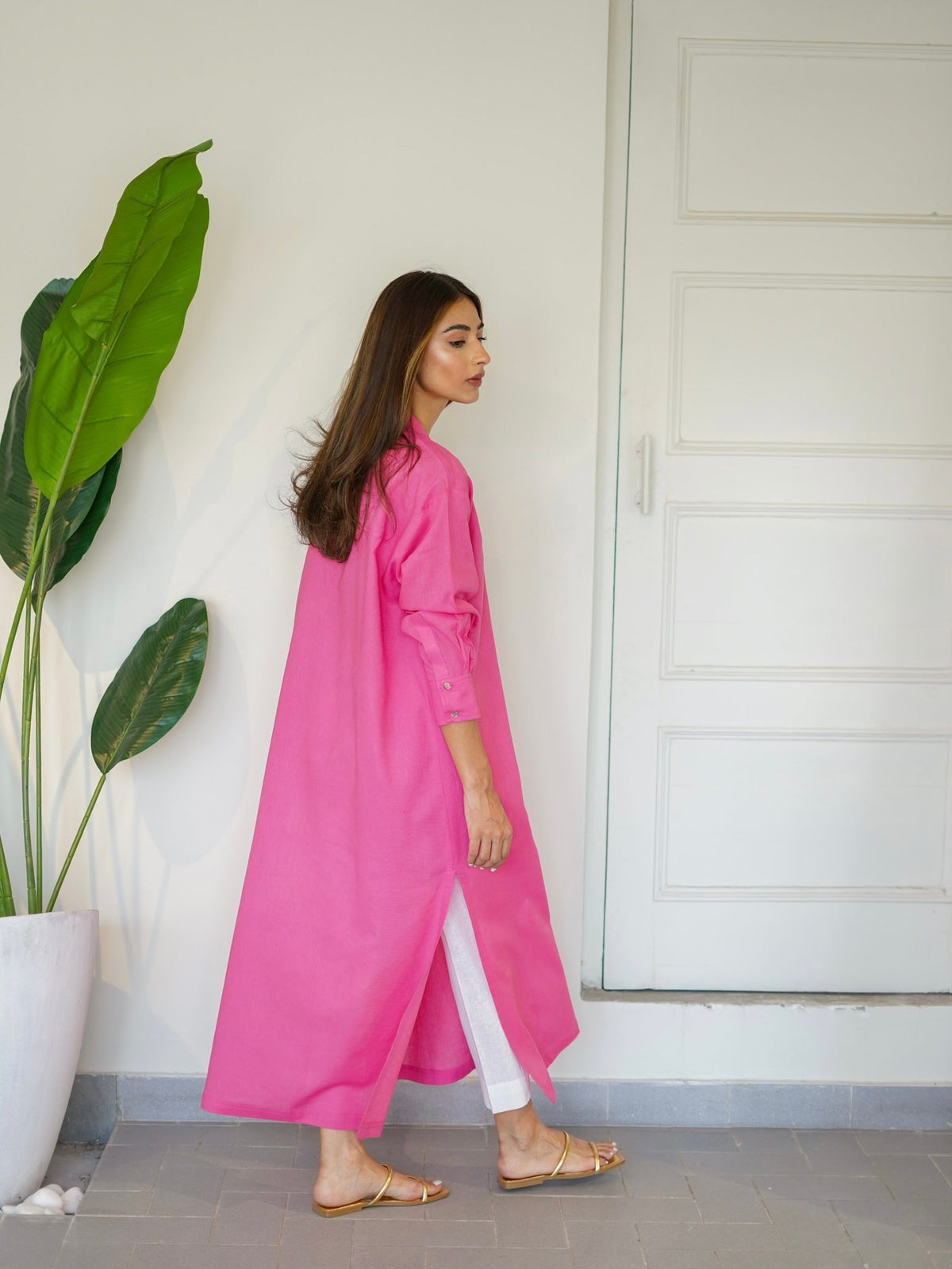 Oversized Linen Shirt Dress in Pink SAK ATELIER